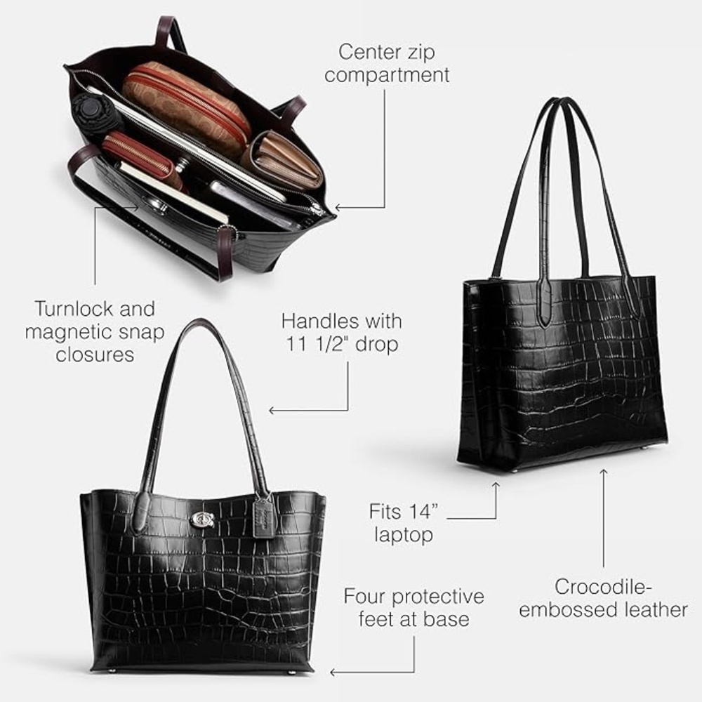 Coach Willow Tote Black Croc Embossed Leather Bag Turnlock 14” Laptop Work - Picture 4 of 8